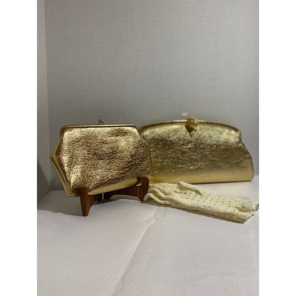Set of 3 Vintage Metallic gold evening clutch+ large coin purse + gloves - Picture 3 of 12